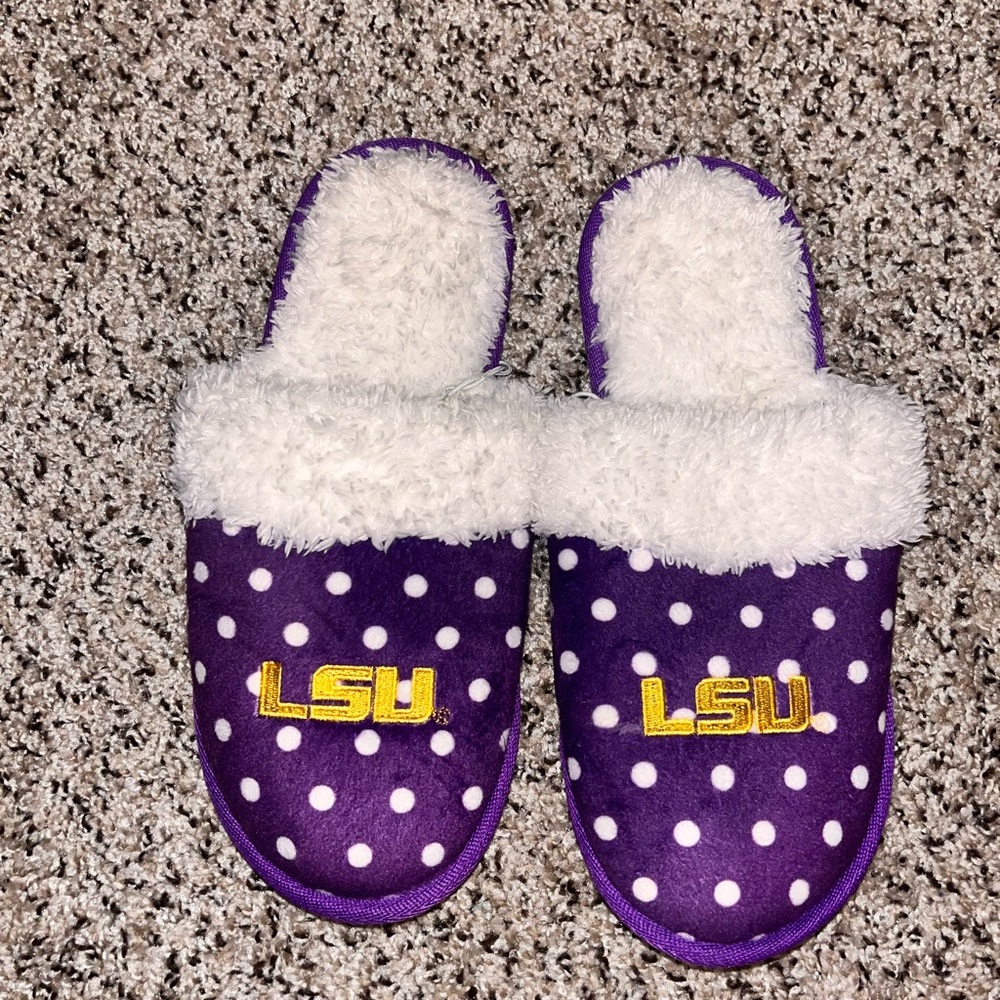 New w/tags LSU Purple and White home Slippers size large 9/10 polka dot tigers - Picture 3 of 10